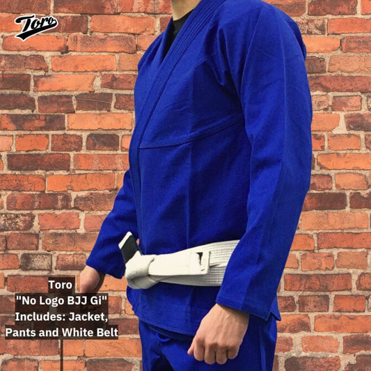 Person wearing Toro No Logo BJJ Gi in blue, holding a white belt. Includes jacket, pants, and belt, perfect for Brazilian Jiu-Jitsu training.