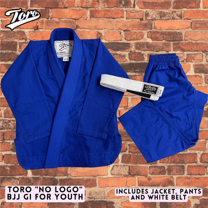 Toro no logo youth jiu jitsu gi in blue blank design with jacket, pants, and white belt set