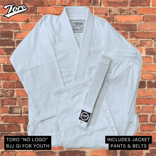 Toro plain youth BJJ gi in white no logo blank design with jacket, pants, and belt set