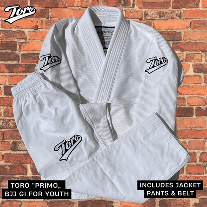 Toro Primo 4 youth BJJ gi in white with jacket, pants, and belt IBJJF legal