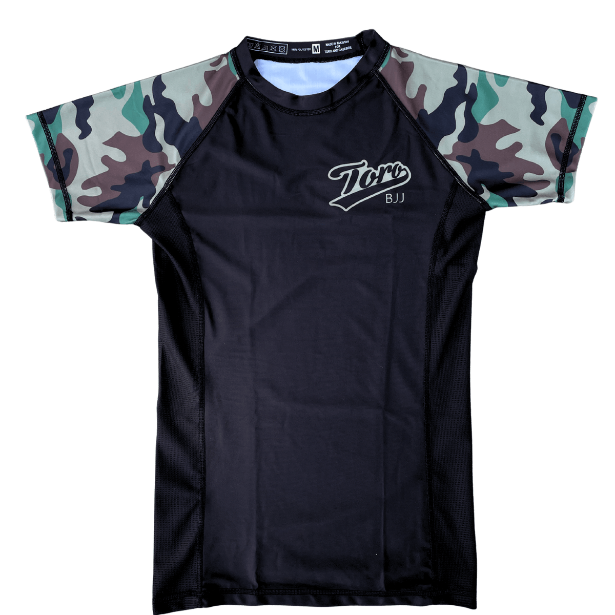 Toro Rampage Camo short-sleeve BJJ rash guard with black body, camo sleeves, and mesh side panels