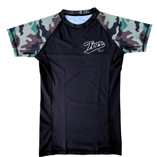 Toro Rampage Camo short-sleeve BJJ rash guard with black body, camo sleeves, and mesh side panels