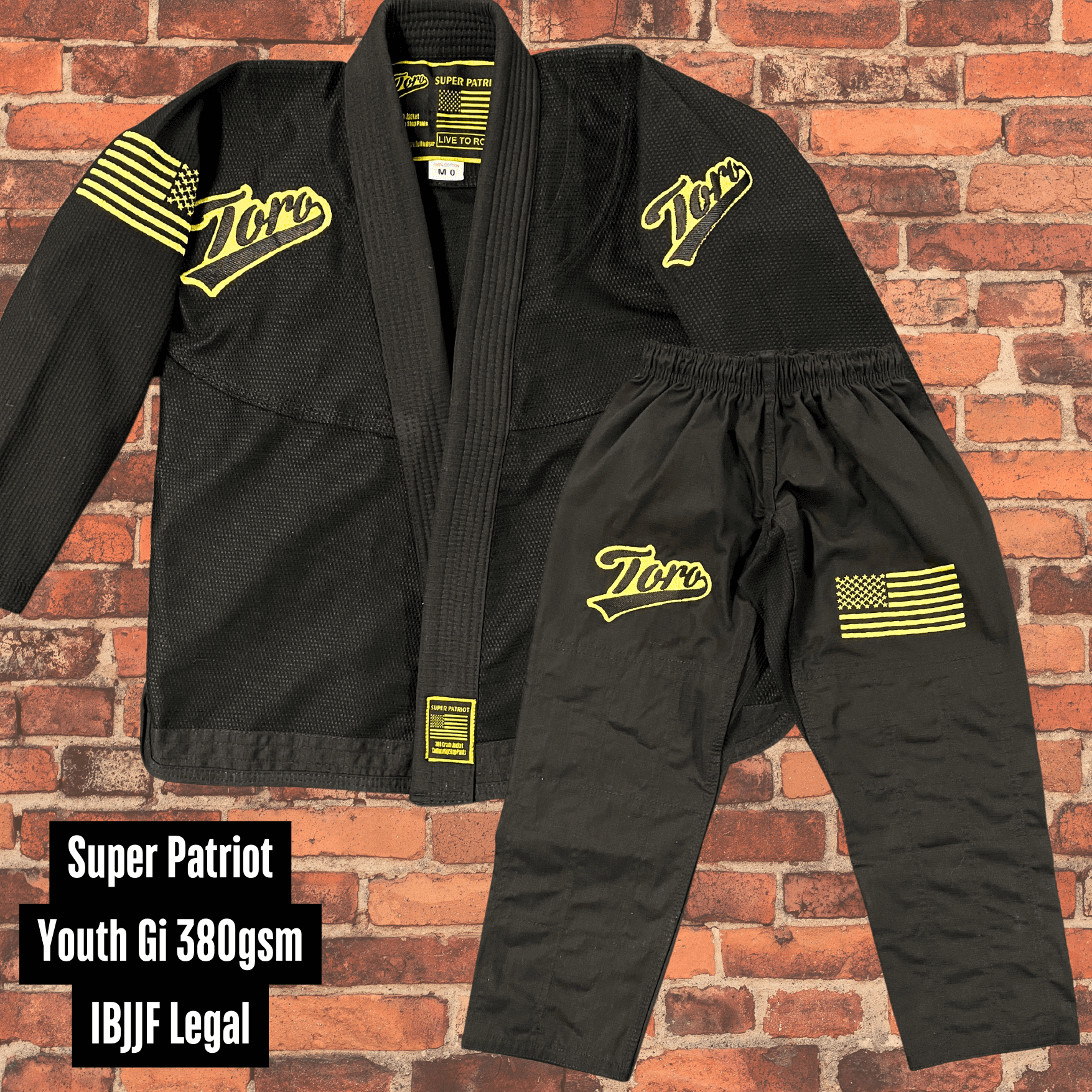 Toro "Super Patriot" Youth BJJ Gi 380 Gram IBJJF Legal in black with yellow patches and matching pants