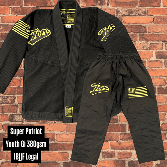 Toro "Super Patriot" Youth BJJ Gi 380 Gram IBJJF Legal in black with yellow patches and matching pants