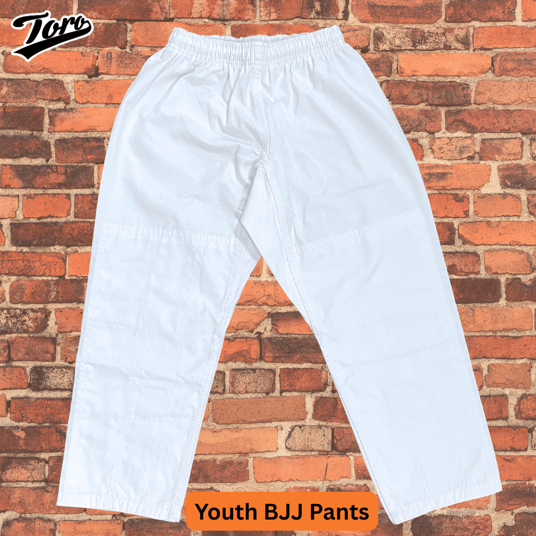 Back view of Toro Youth White BJJ Pants with reinforced knees and crotch