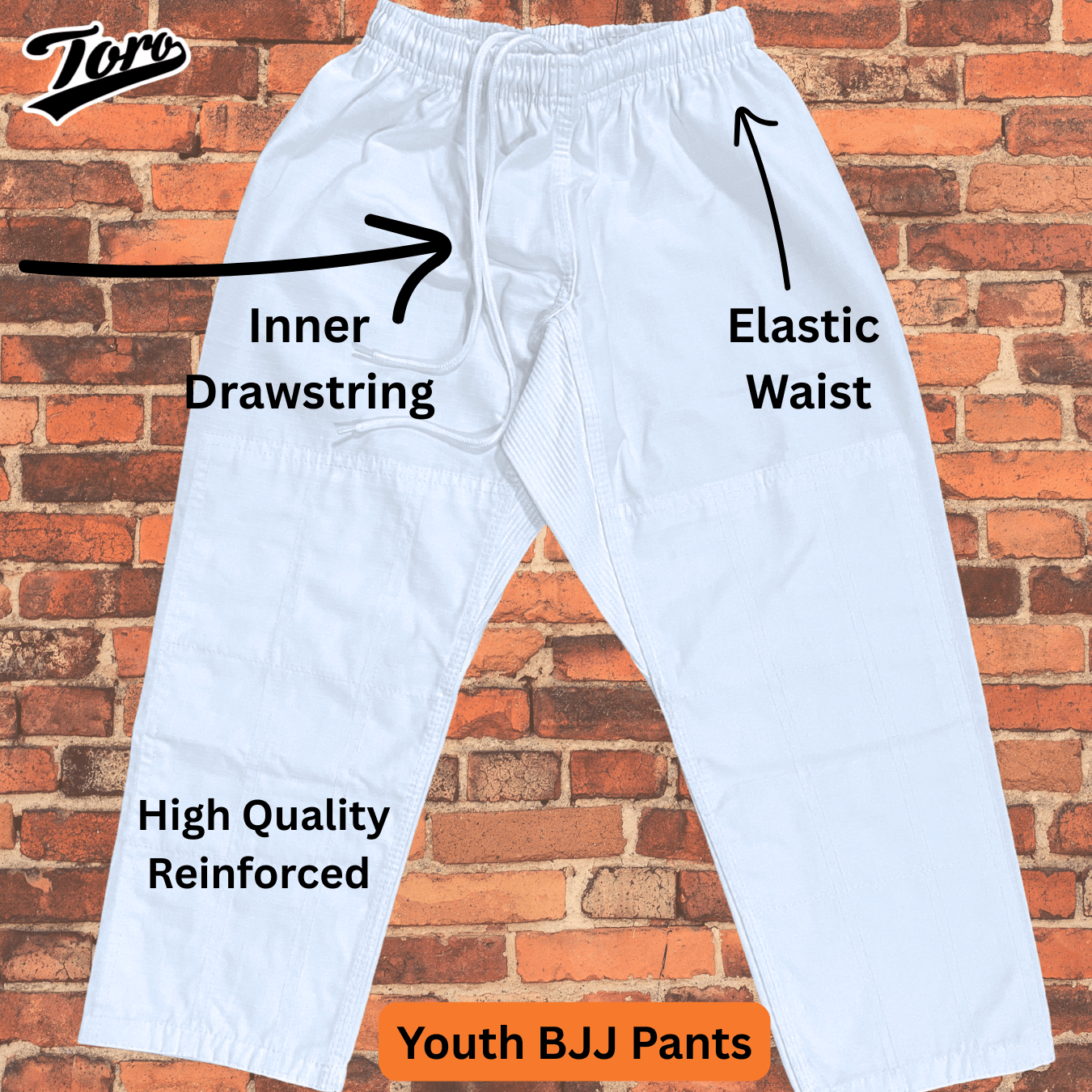 Toro Youth White BJJ Pants featuring elastic waistband and internal drawstring