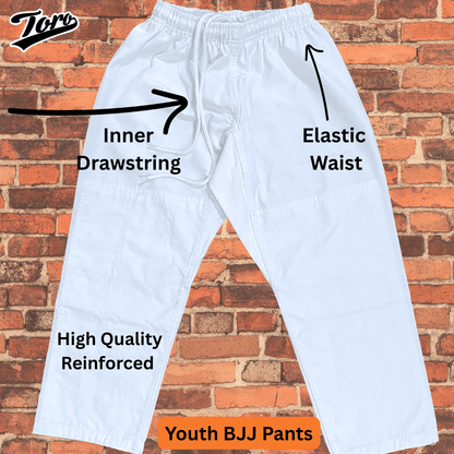 Toro Youth White BJJ Pants featuring elastic waistband and internal drawstring