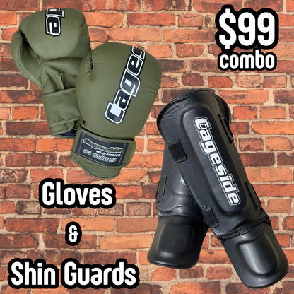 Cageside C4 Boxing Gloves & Grip Shin Guards Combo front view