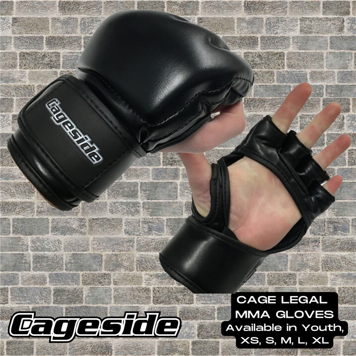 Cageside black cage-legal MMA gloves with open fingers, front, and palm view. Available in youth and adult sizes.