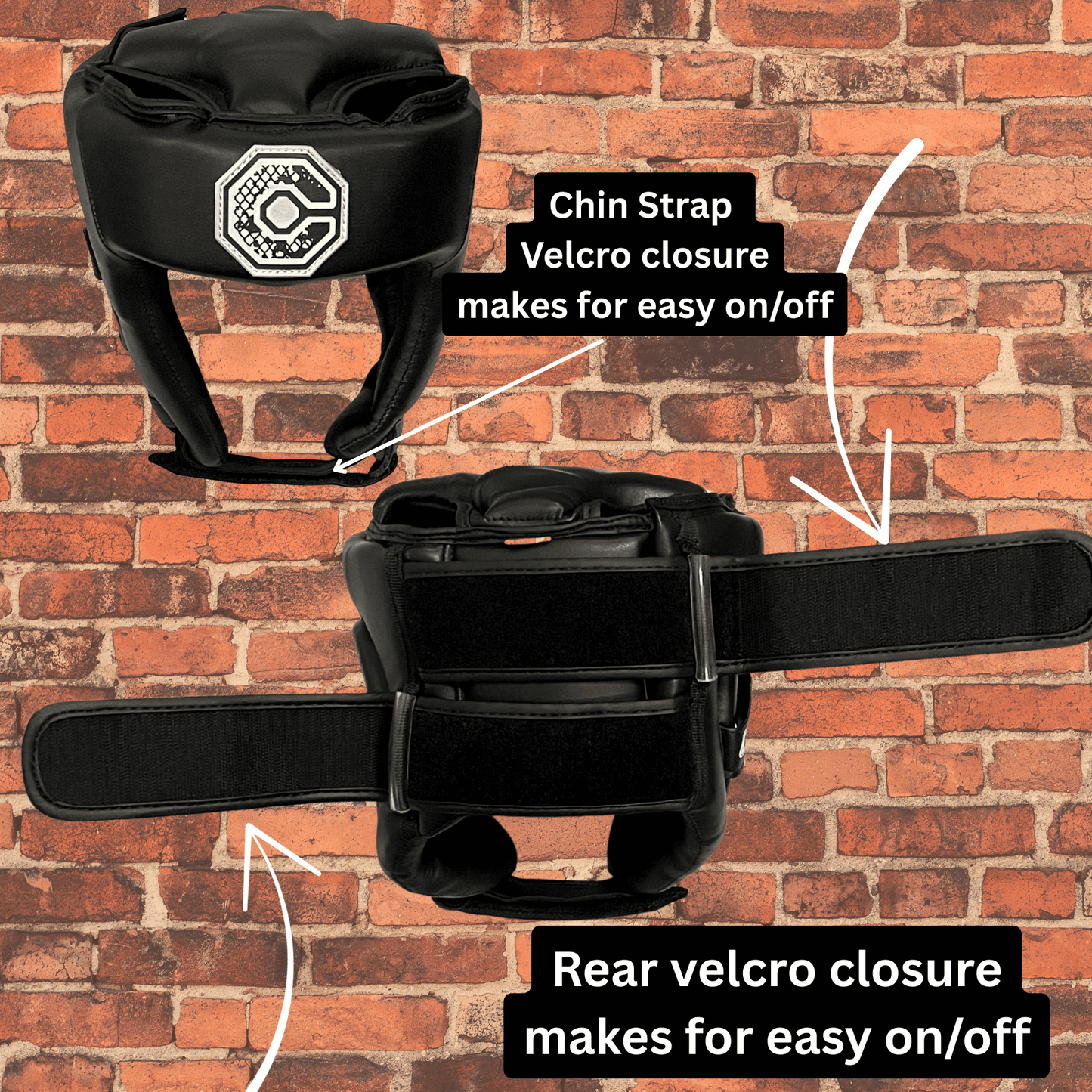 Cageside Competition Headgear front with logo and rear Velcro strap closures for easy on off
