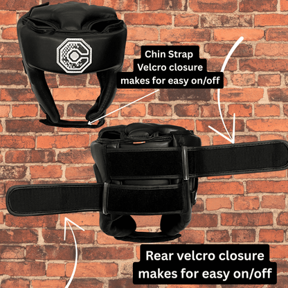 Cageside Competition Headgear front with logo and rear Velcro strap closures for easy on off
