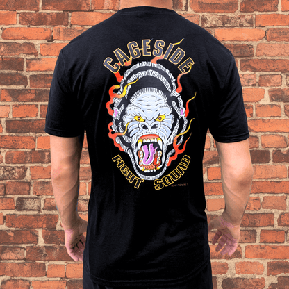 Back view of Cageside Fight Squad shirt with large flaming gorilla design and bold yellow lettering