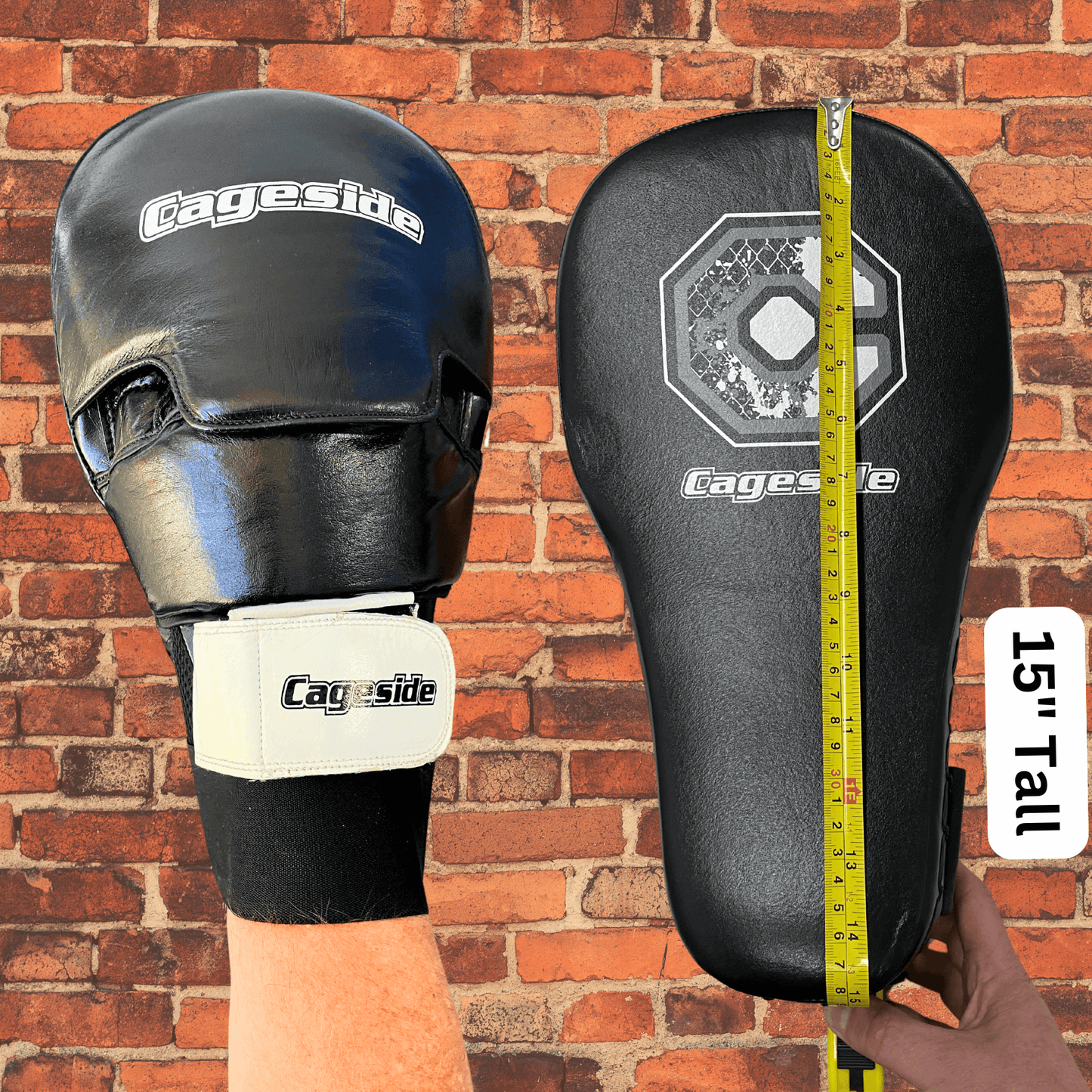 Cageside Hybrid Mega Mitts focus mitts measured 15 inches tall with front and back views