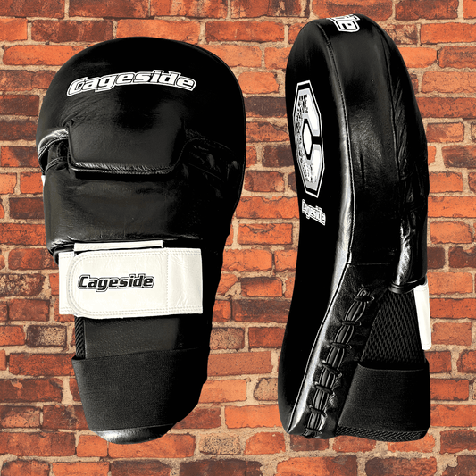 Cageside Hybrid Mega Mitts black focus mitts front and side view with white strap