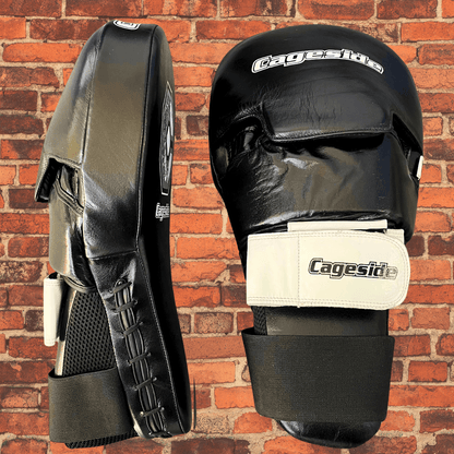 Cageside Hybrid Mega Mitts showing black leather side view and front with logo strap