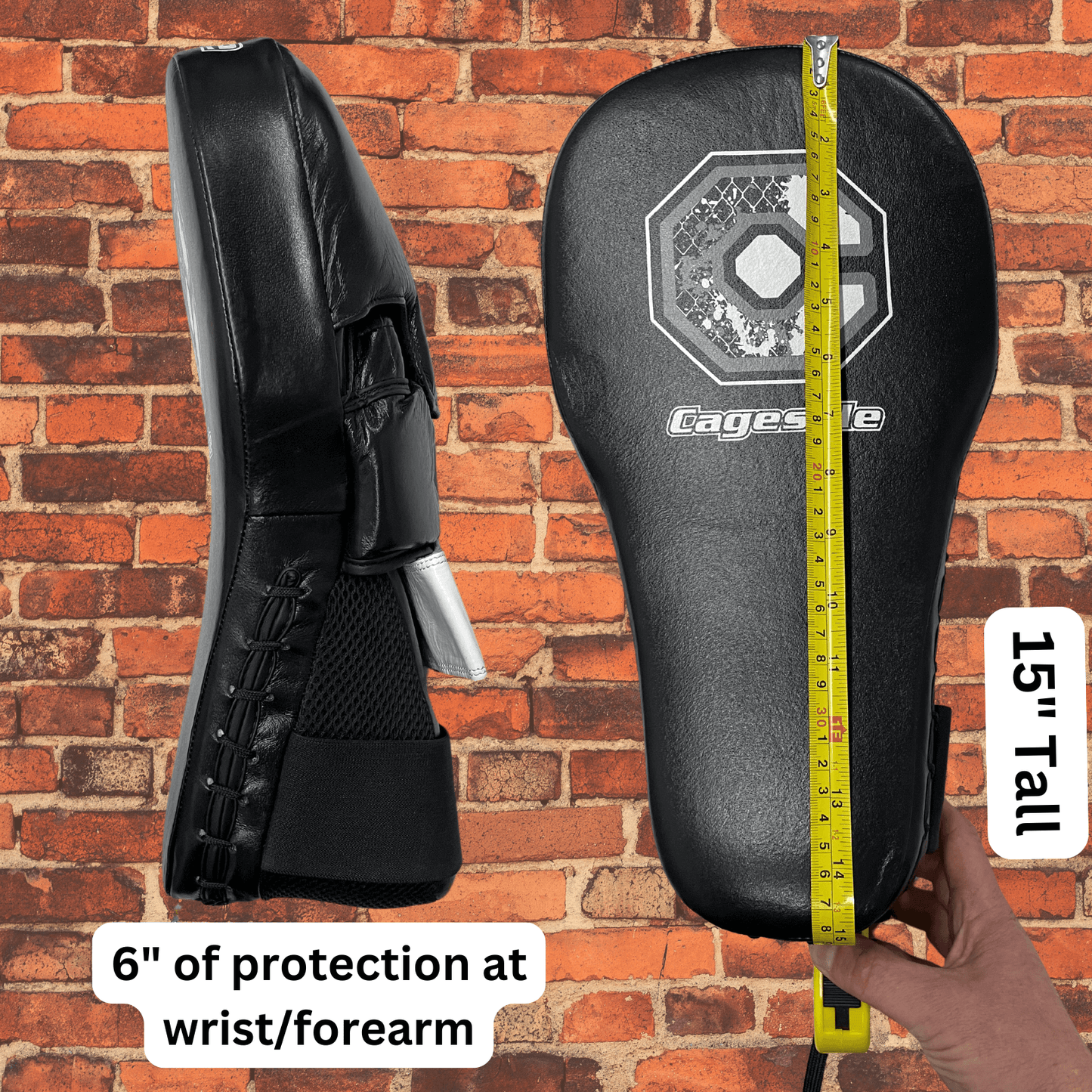Cageside Hybrid Mega Mitts focus mitts side view showing 6 inch wrist and forearm protection