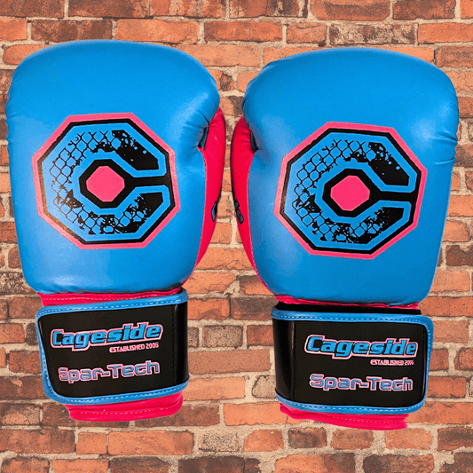 Cageside MIAMI Spar Tech boxing gloves front view blue and red, sparring gloves and bag gloves