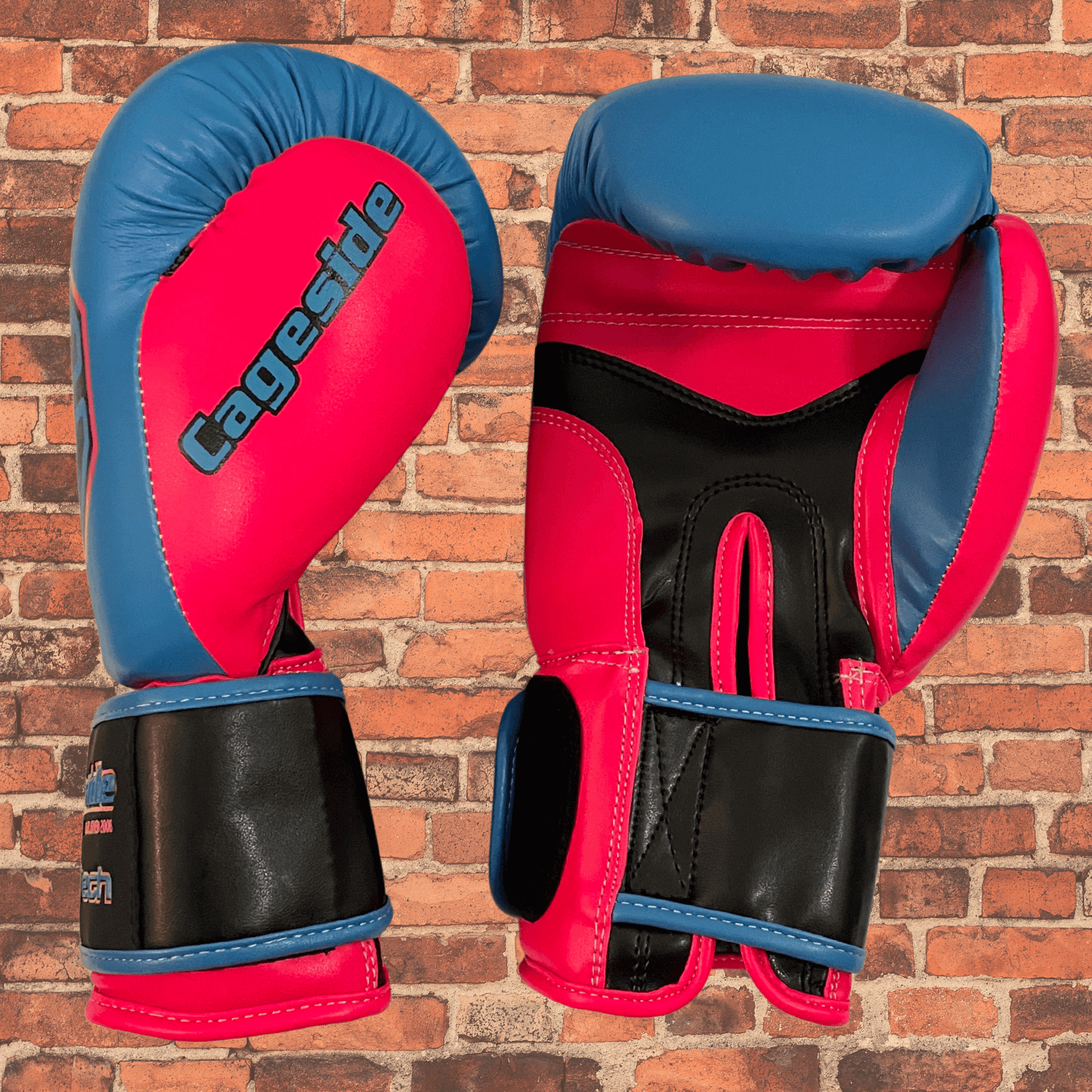 Cageside MIAMI Spar Tech boxing gloves palm and backhand views with wide hook-and-loop strap; sparing gloves, bag gloves