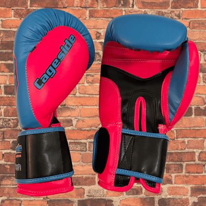 Cageside MIAMI Spar Tech boxing gloves palm and backhand views with wide hook-and-loop strap; sparing gloves, bag gloves