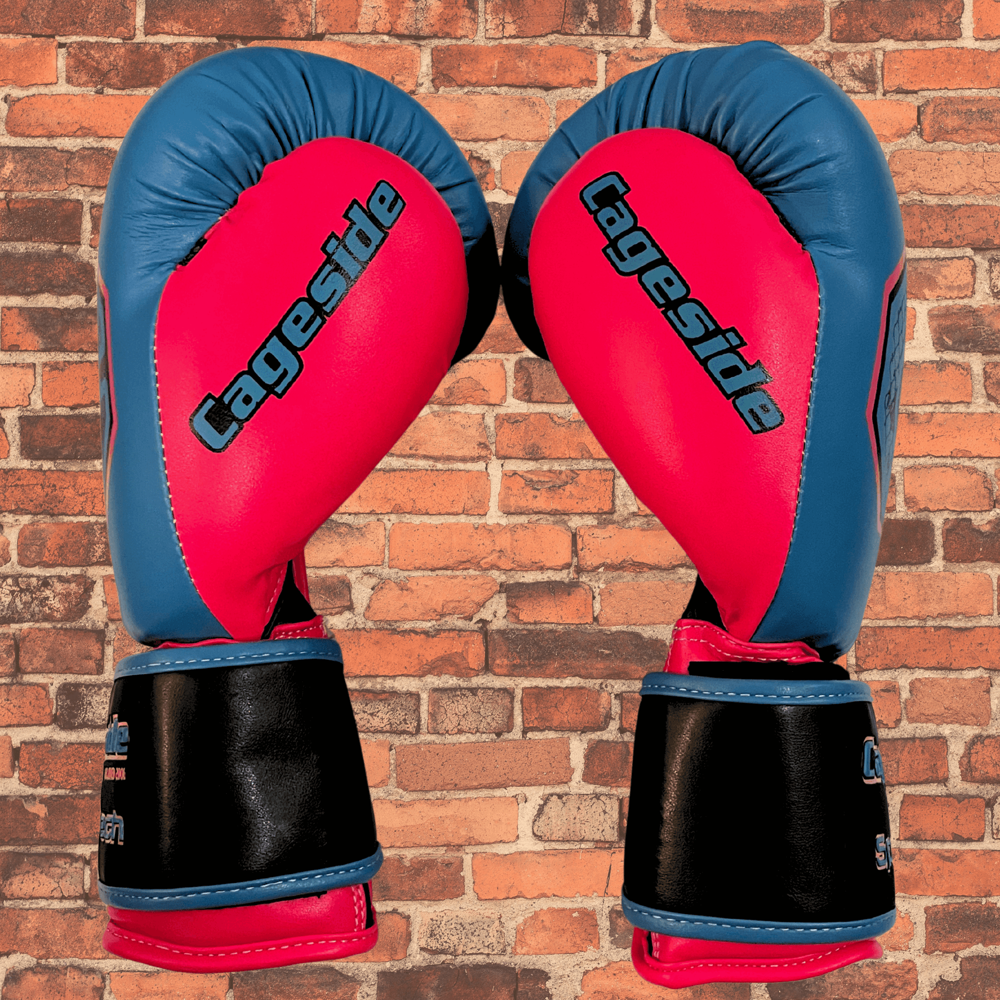Side views of Cageside MIAMI Spar Tech boxing gloves in blue and red with Cageside branding, sparring gloves and bag gloves