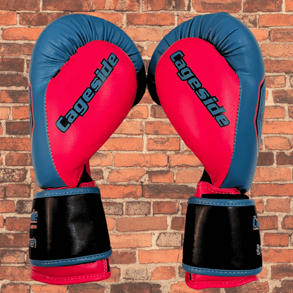 Side views of Cageside MIAMI Spar Tech boxing gloves in blue and red with Cageside branding, sparring gloves and bag gloves