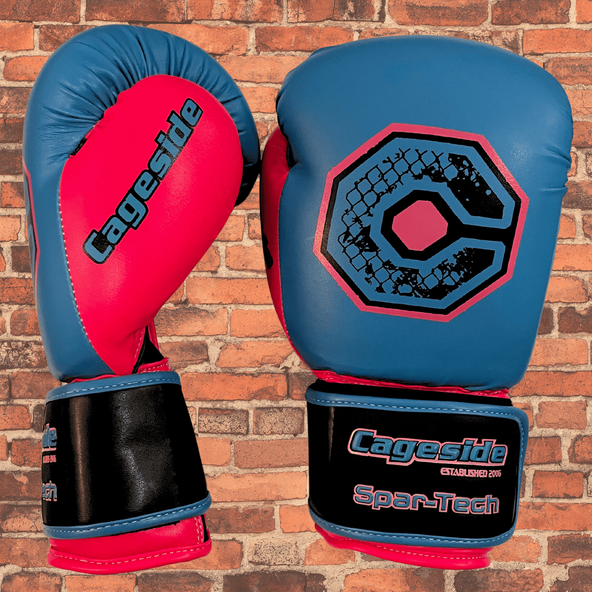 Cageside MIAMI Spar Tech sparring gloves blue and red with Cageside logo, durable boxing and bag gloves