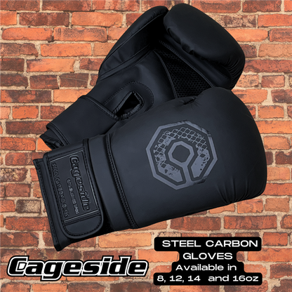 Black Cageside Steel Carbon Boxing Gloves on brick wall background
