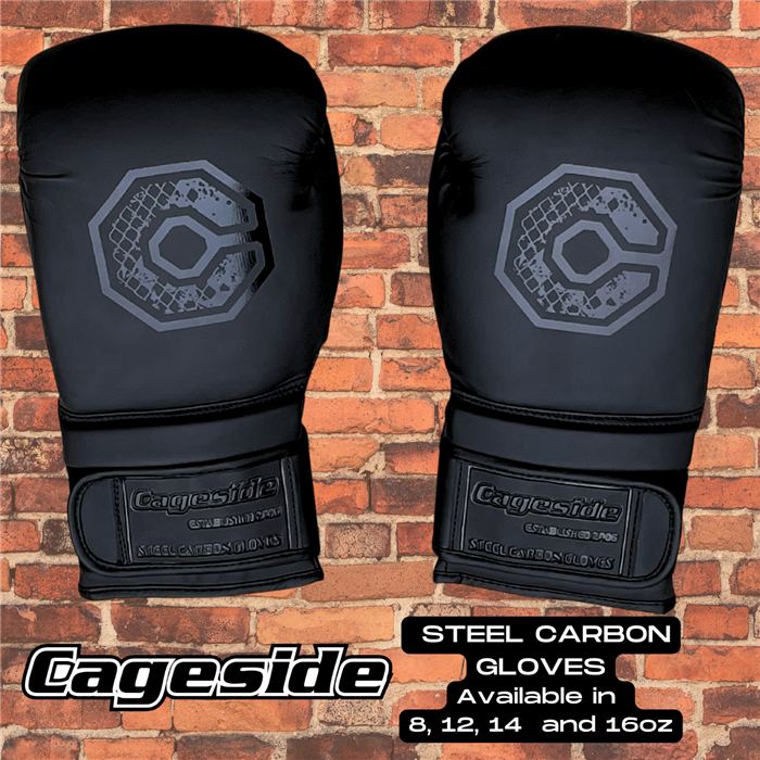 Front view of Cageside Steel Carbon Boxing Gloves with matte black finish