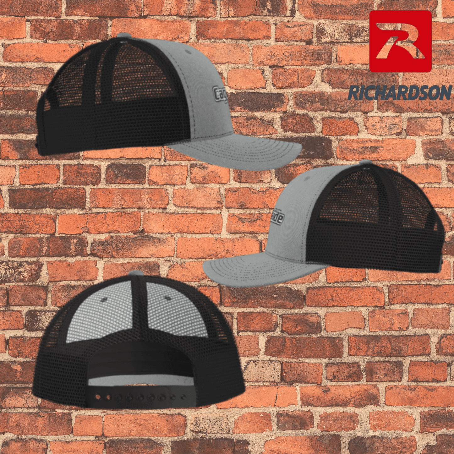 Multiple views of Cageside Richardson 112 trucker hat showing embroidered logo, gray front panels, black mesh back, and snapback closure
