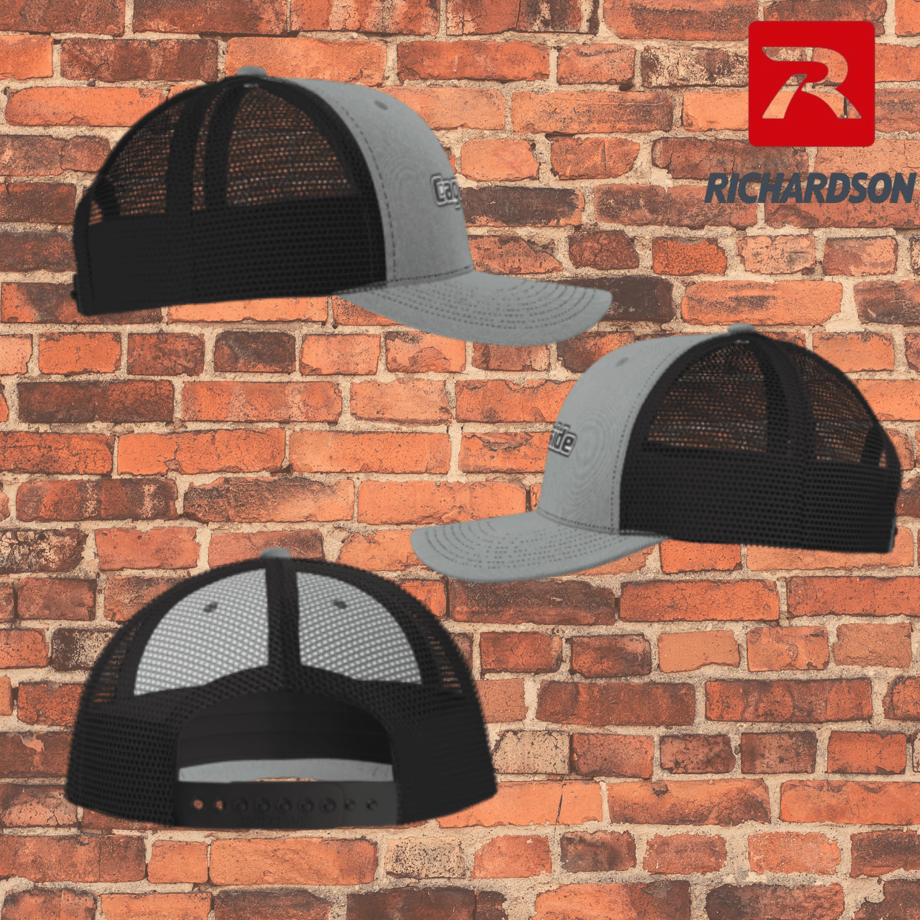 Multiple views of Cageside Richardson 112 trucker hat showing embroidered logo, gray front panels, black mesh back, and snapback closure