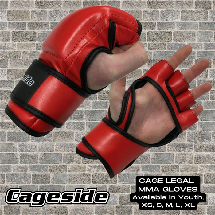 Red Cageside Cage Legal MMA Gloves have an open-finger design, durable leather, and secure wrist straps.