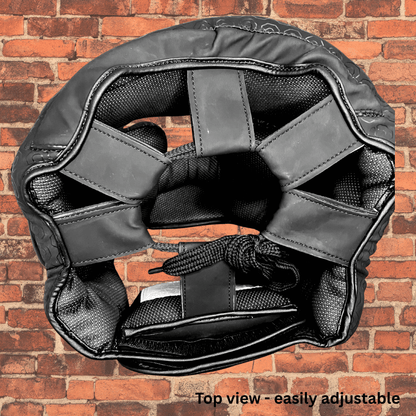 Cageside Full Face Sparring Headgear top view with adjustable laces for custom fit