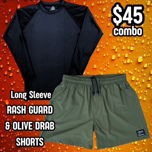 Black Label Long Sleeve Rash Guard & Olive Drab Shorts