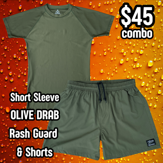 Olive Drab Short Sleeve Rash Guard & Shorts Combo