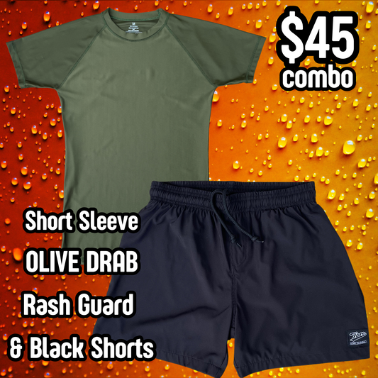 Olive Drab Short Sleeve Rash Guard & Black Label Shorts Combo