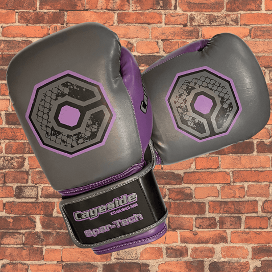 Cageside Shredder boxing gloves with octagon logo design, durable sparring gloves for bag work