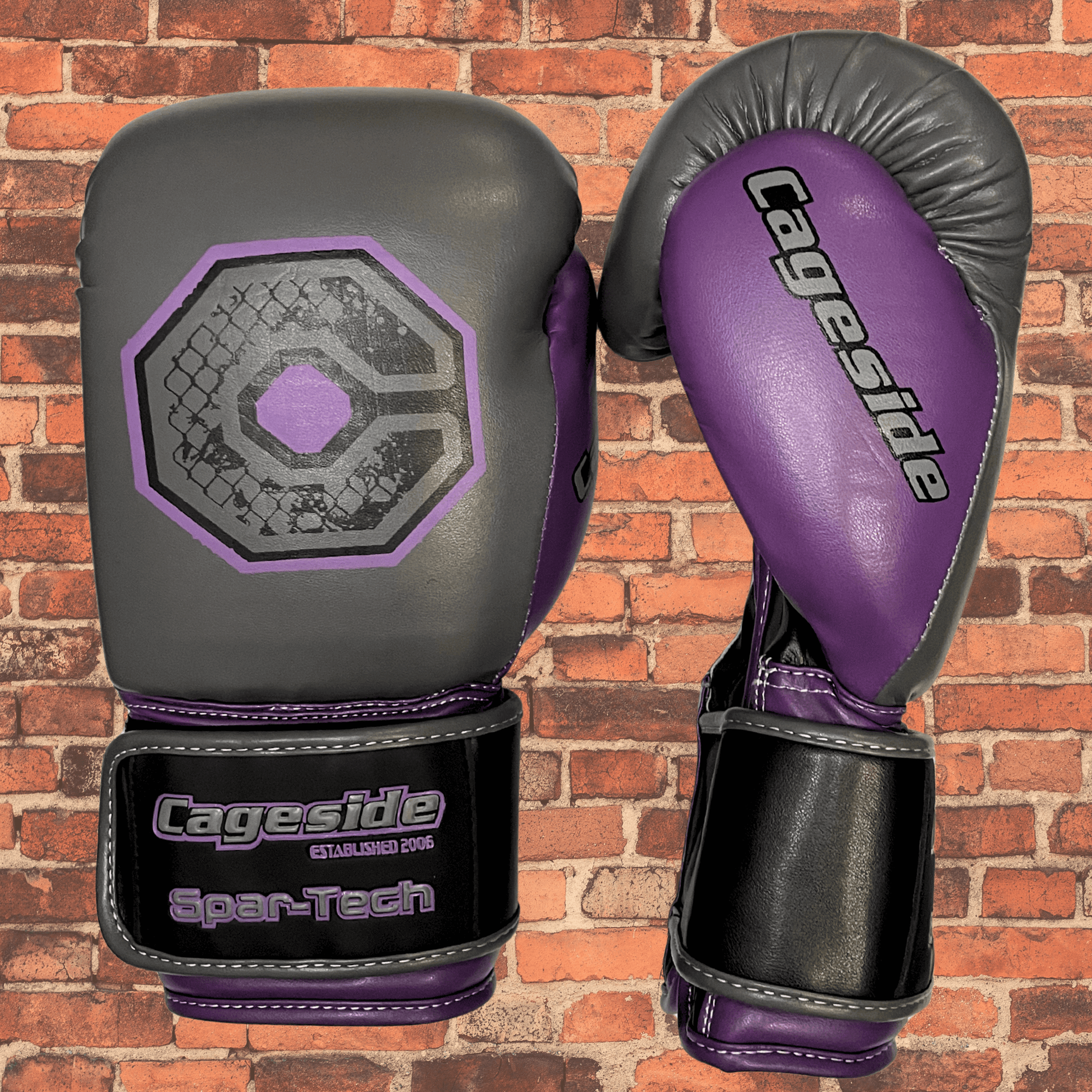 Cageside Shredder purple and gray boxing gloves, versatile sparring gloves and bag gloves for training