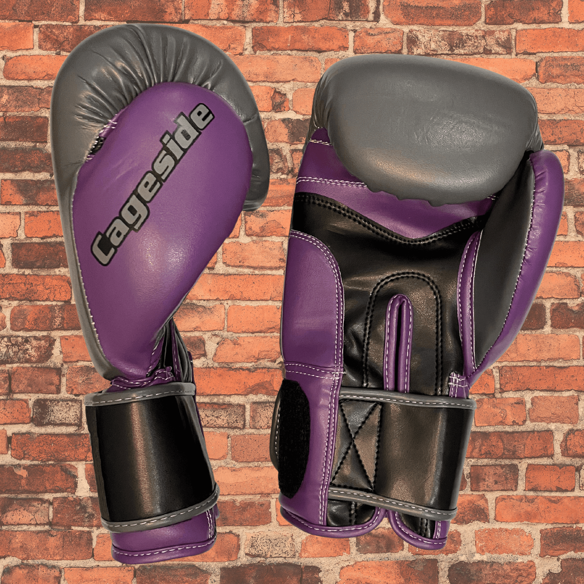 Cageside Shredder boxing gloves purple and gray, sparring gloves with wrist strap support