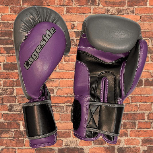 Cageside Shredder boxing gloves purple and gray, sparring gloves with wrist strap support