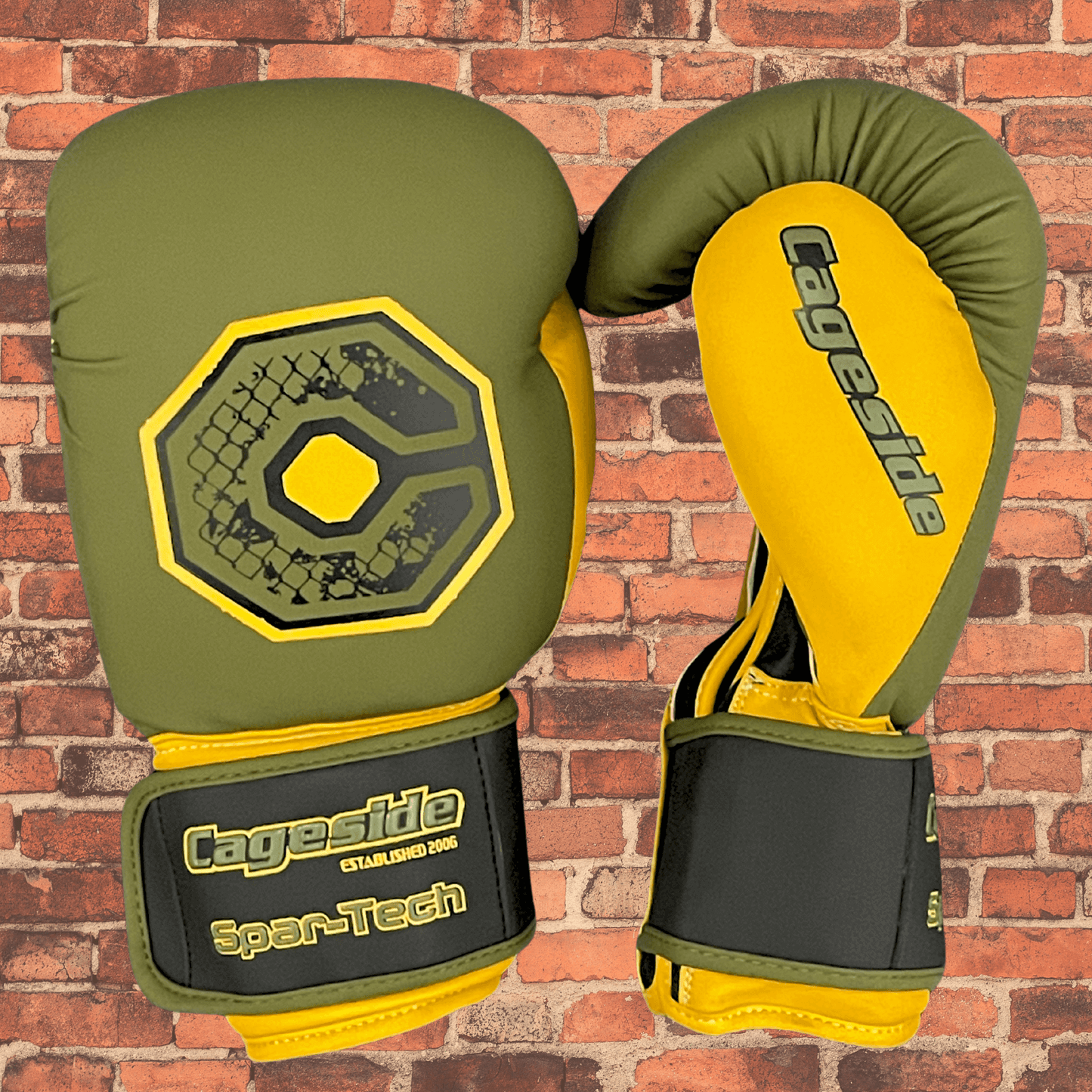 Spar-Tech AK-47 sparring gloves olive and yellow with Cageside logo