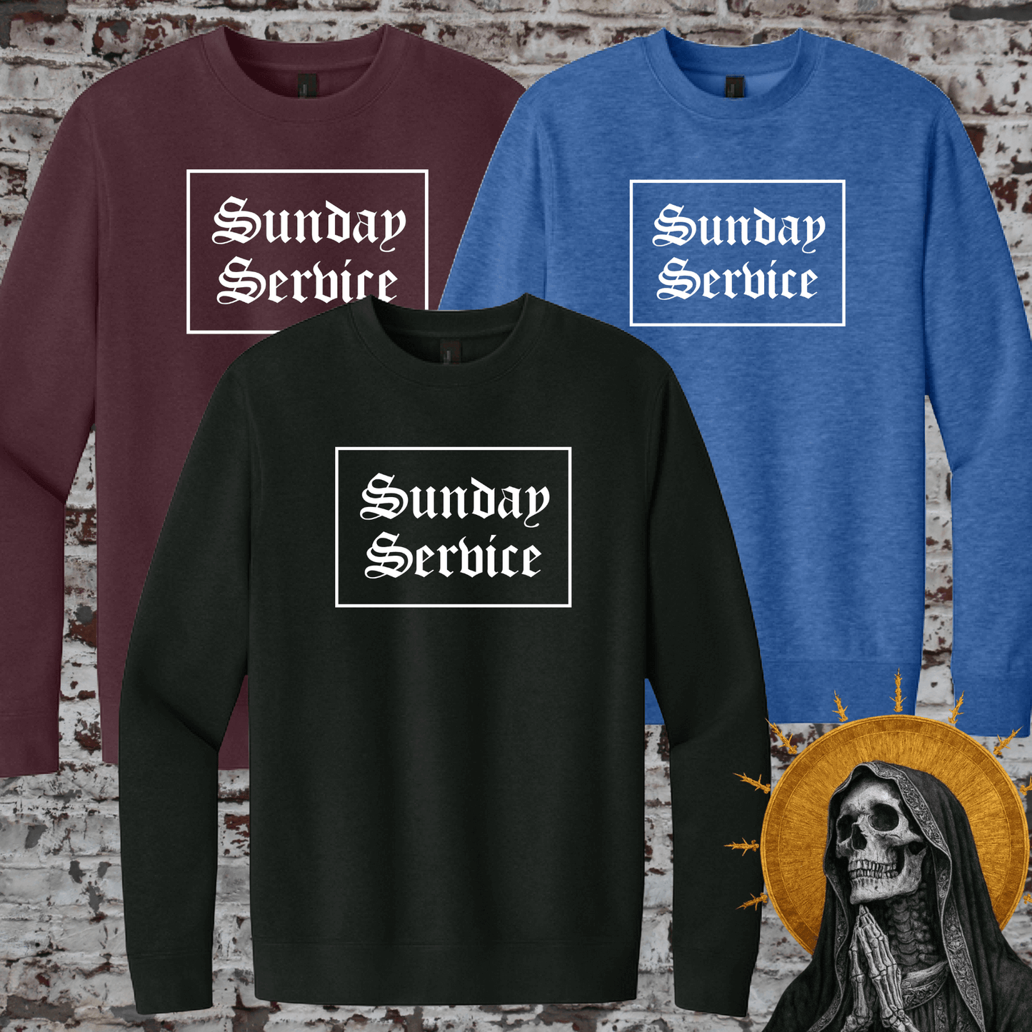 Sunday Service crewneck sweatshirt shown in plum black and royal frost color options
