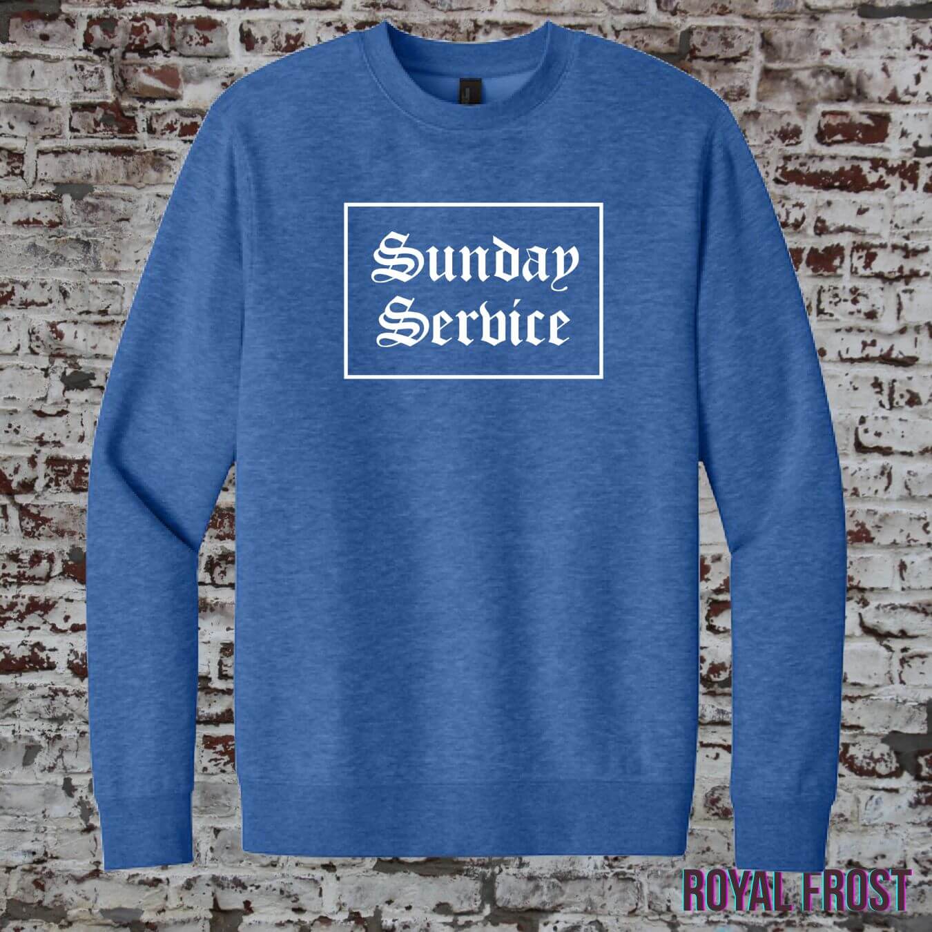 Sunday Service crewneck sweatshirt in royal frost color featuring front graphic design