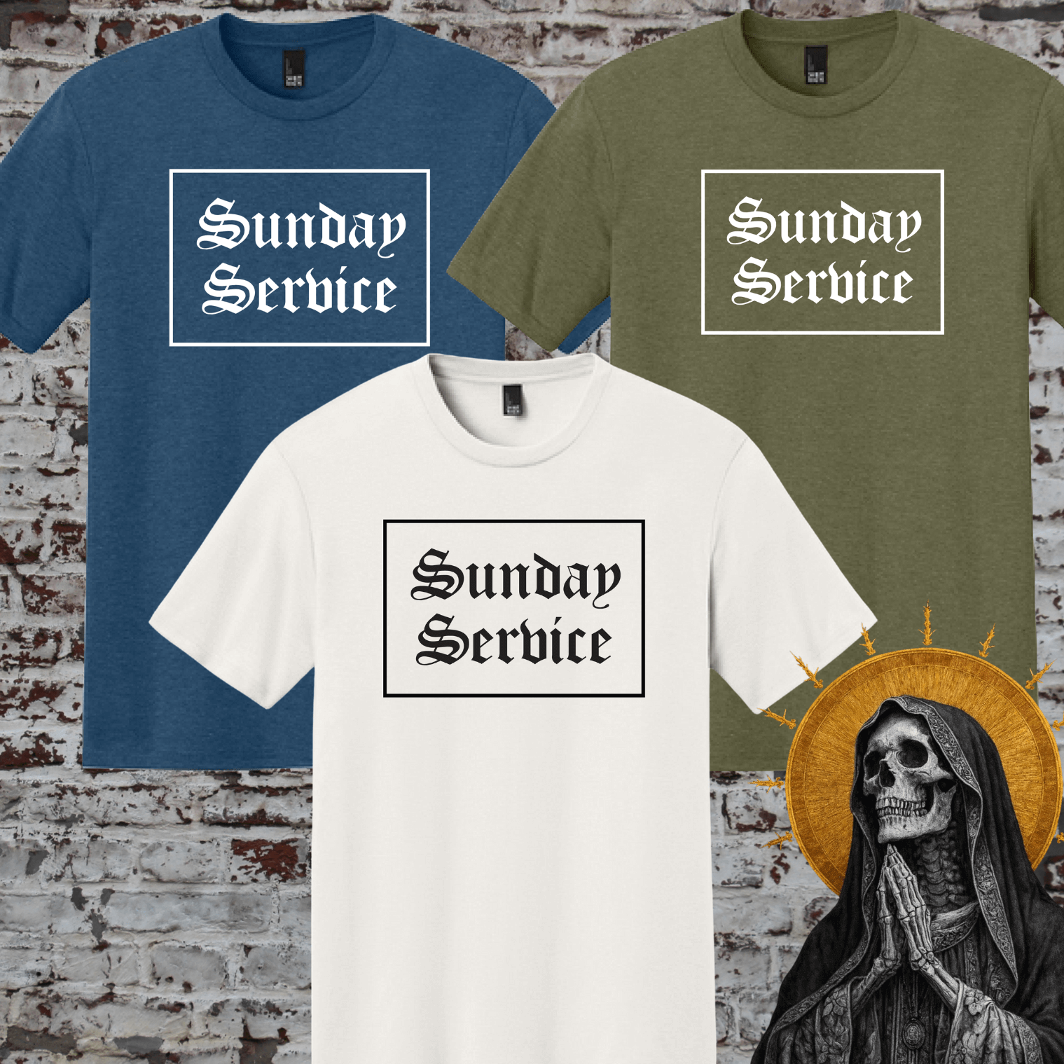 Sunday Service t shirt shown in multiple color options with bold front graphic design