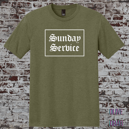 Sunday Service t shirt in olive drab color featuring front graphic print