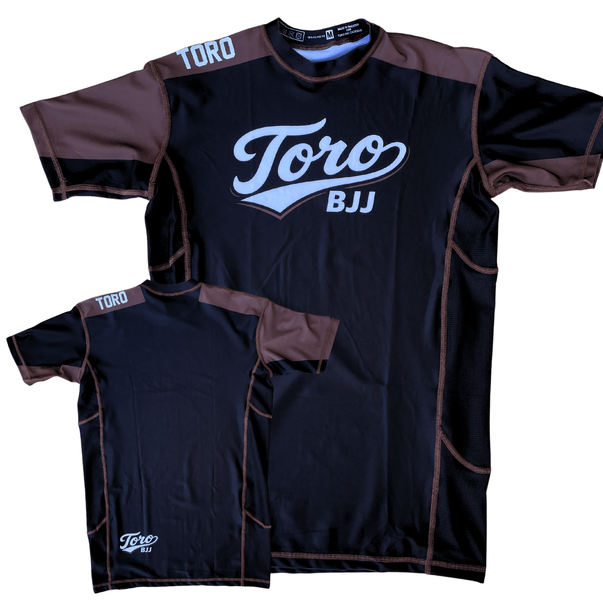 Front and back views of Toro 2027 brown belt ranked short-sleeve rash guard