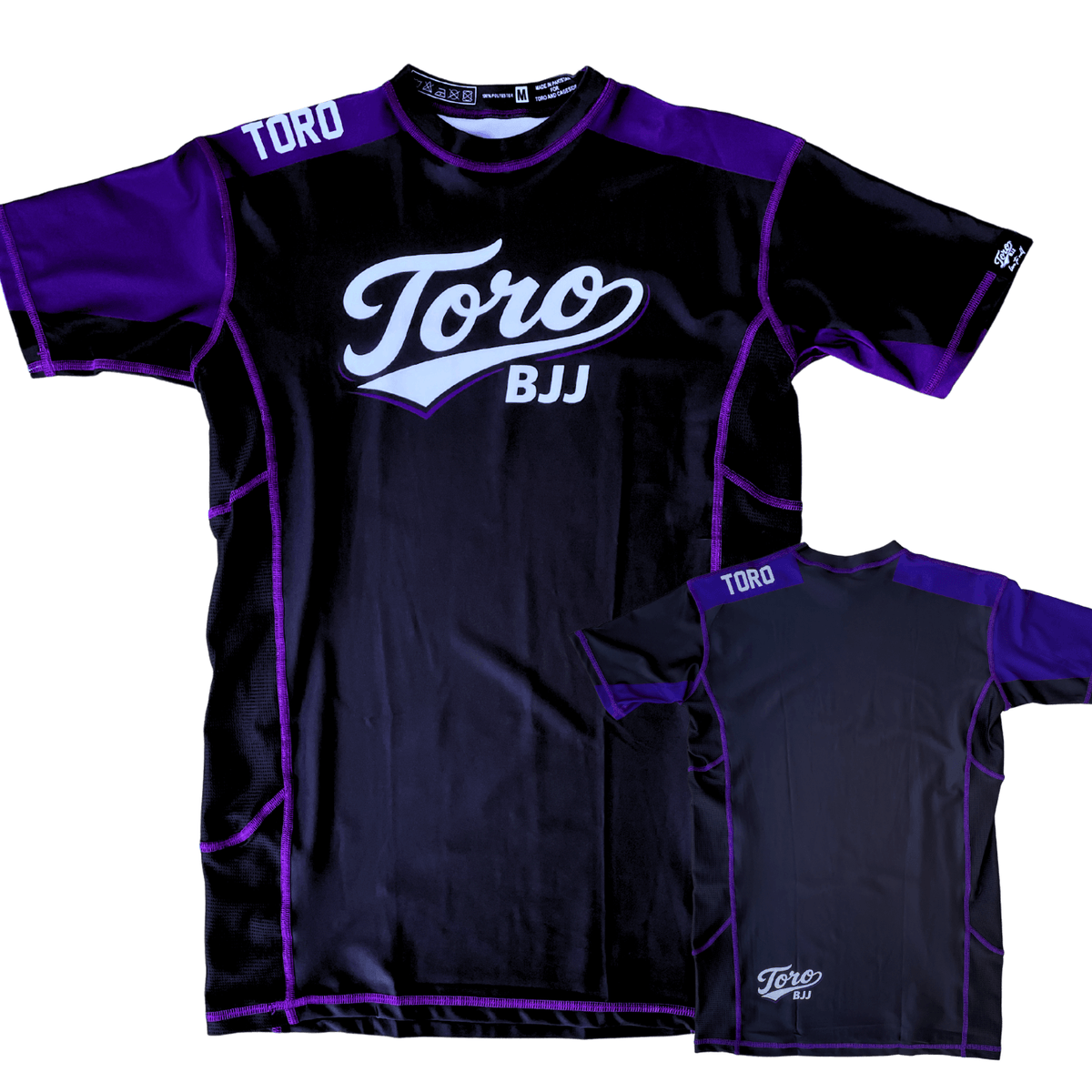 Front and back views of Toro 2027 purple belt ranked short-sleeve rash guard