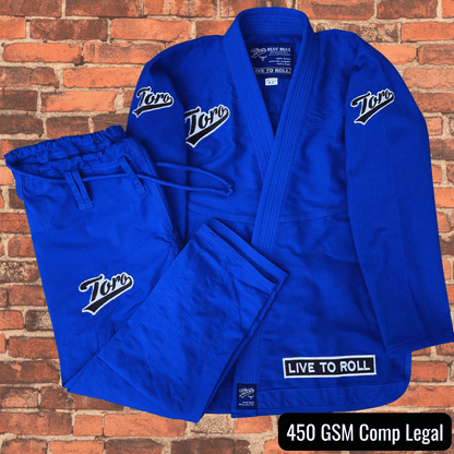 Men’s Toro BJJ Blue Bull Gi set with 450 GSM jacket and pants, white Toro patches, Live to Roll patch, IBJJF competition legal.