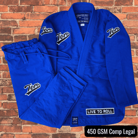 Men’s Toro BJJ Blue Bull Gi set with 450 GSM jacket and pants, white Toro patches, Live to Roll patch, IBJJF competition legal.