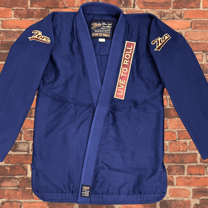 Navy Blue BJJ Gi jacket with Toro shoulder logos and Live to Roll patch, Toro BJJ Coyote Gi lightweight 380gsm