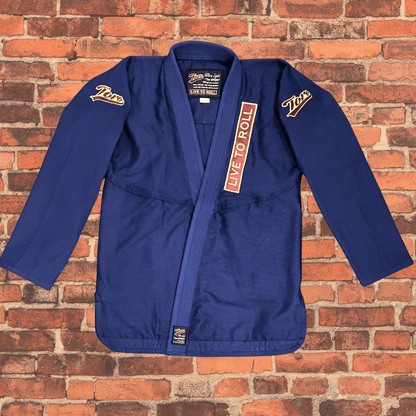 Navy Blue BJJ Gi jacket with Toro logos and Live to Roll patch, Toro BJJ Coyote Gi with brown stitching